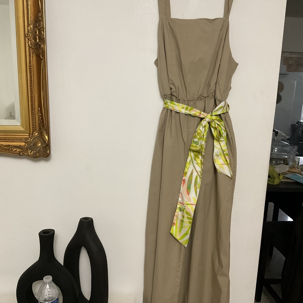 Halston Heritage Taupe Wide-Leg Jumpsuit with Printed Sash